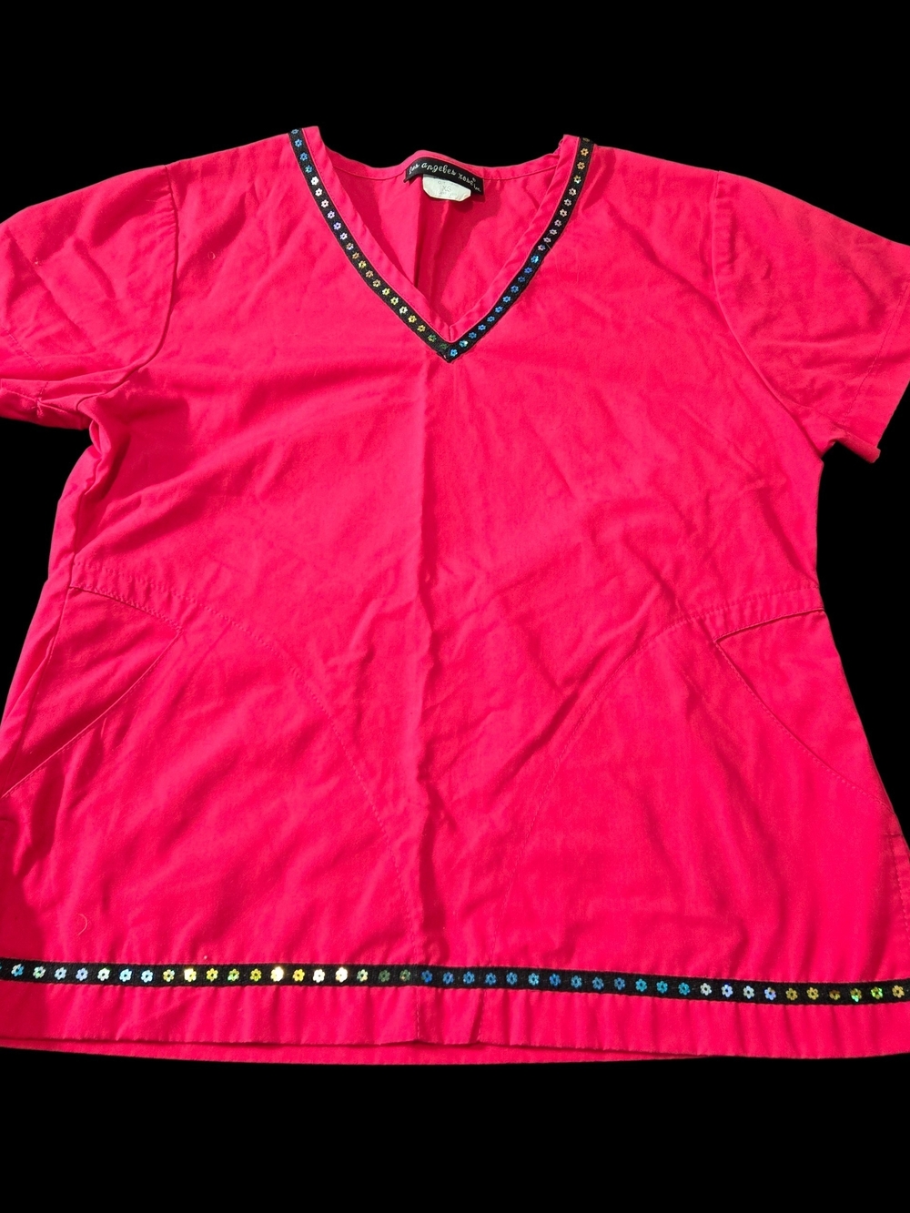 Bright Pink Red V-Neck Short Sleeve Women's Scrub Top with Embellished Trim XS